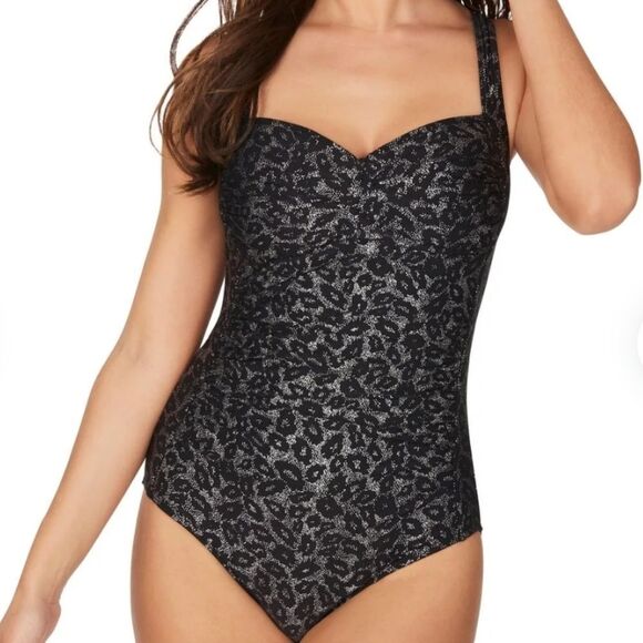 Nip Tuck Women's Black Leopard Foil  Twist Tummy Control One Piece Swimsuit - Picture 1 of 16